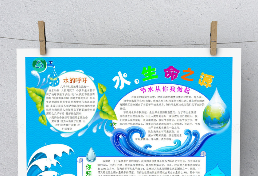 蓝色创意节约水环保手抄报模板 蓝色创意节约水环保手抄报模板