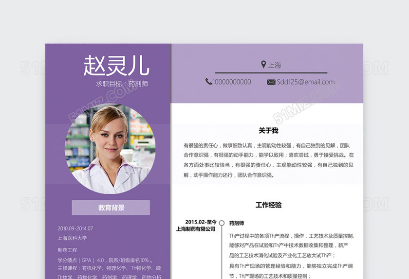 紫色创意简约药剂师护士个人简历模板 紫色创意简约药剂师护士个人简历模板