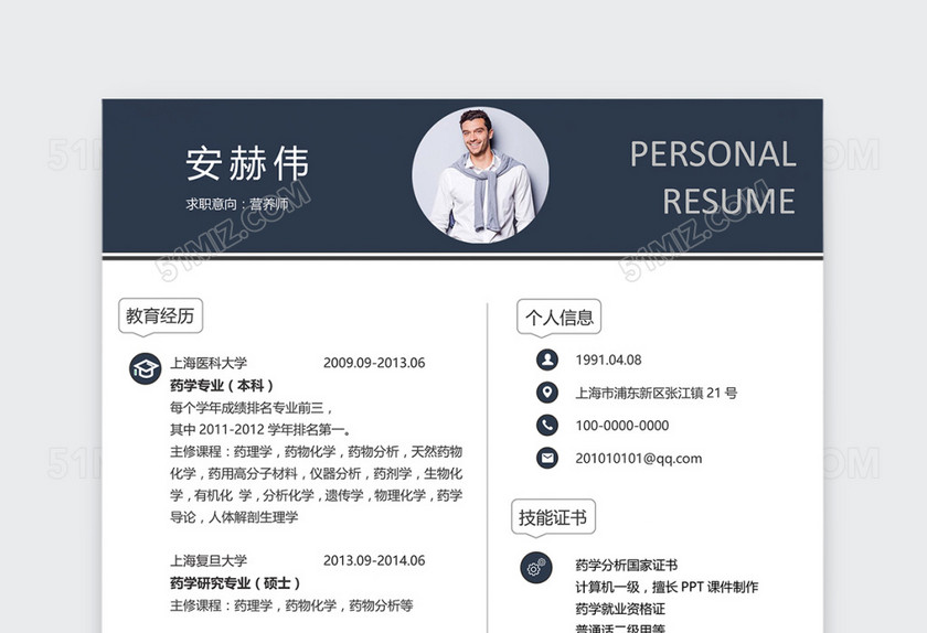 黑色创意简约营养师个人简历模板 黑色创意简约营养师个人简历模板