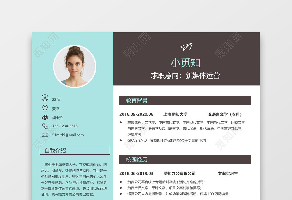 应届生实习生大学生简历新媒体运营个人求职简历word简历模板