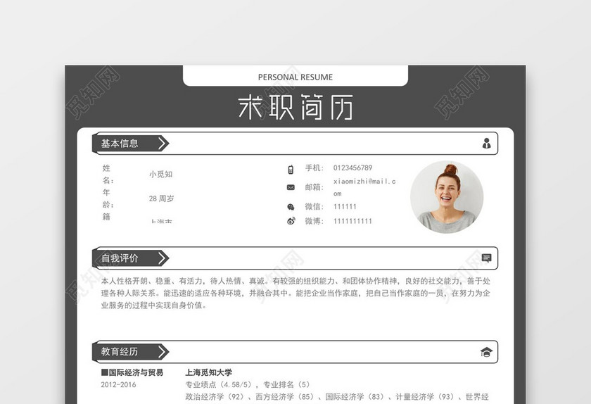 灰色大气个人求职简约简历word模板
灰色大气个人求职简约简历word模板