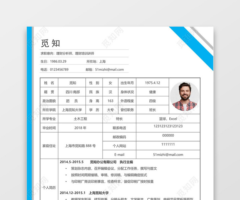 网格理财分析师表格个人简历表格word简历模板 网格理财分析师表格个人简历表格word简历模板