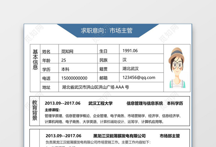 商务经典简洁市场主管表格个人简历表格word简历模板 商务经典简洁市场主管表格个人简历表格word简历模板