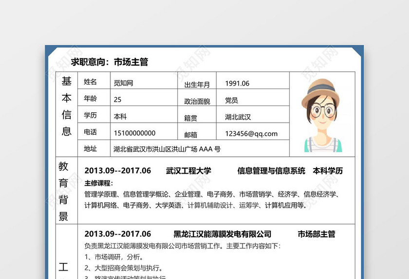简洁市场主管表格个人简历word简历模板
简洁市场主管表格个人简历word简历模板