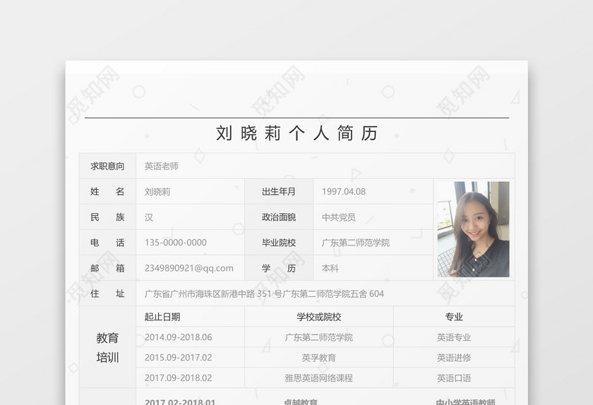 英语老师个人简历Word模板 英语老师个人简历Word模板