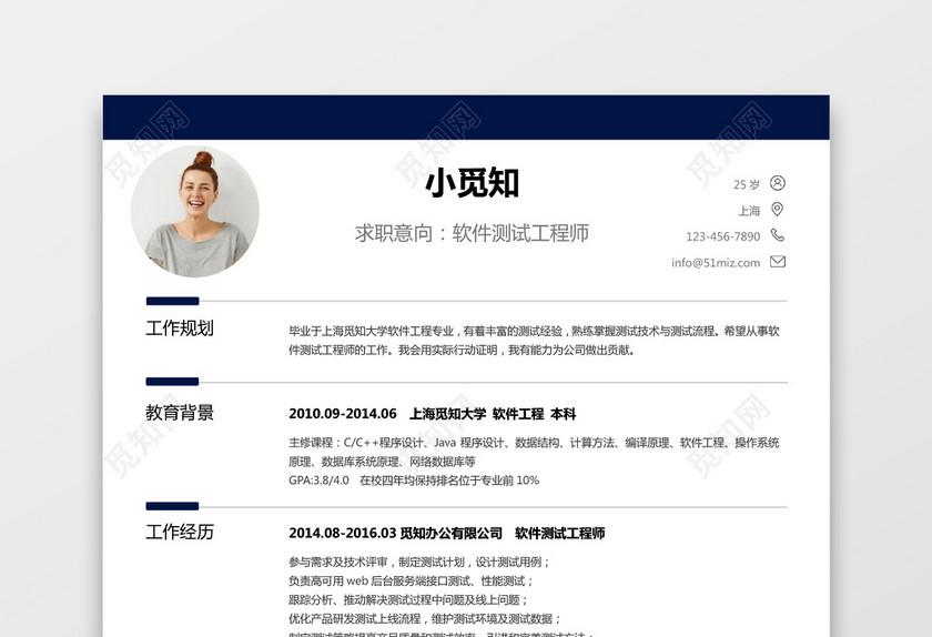 经典风格软件测试求职简历深蓝色word简历模板 经典风格软件测试求职简历深蓝色word简历模板