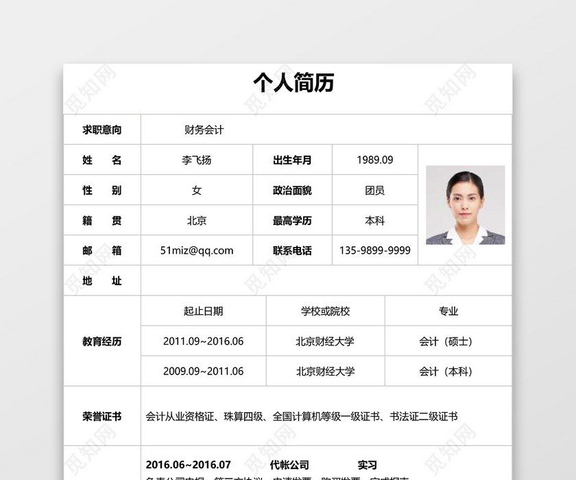 简历表格财务会计白底简单使用个人简历word模板 简历表格财务会计白底简单使用个人简历word模板