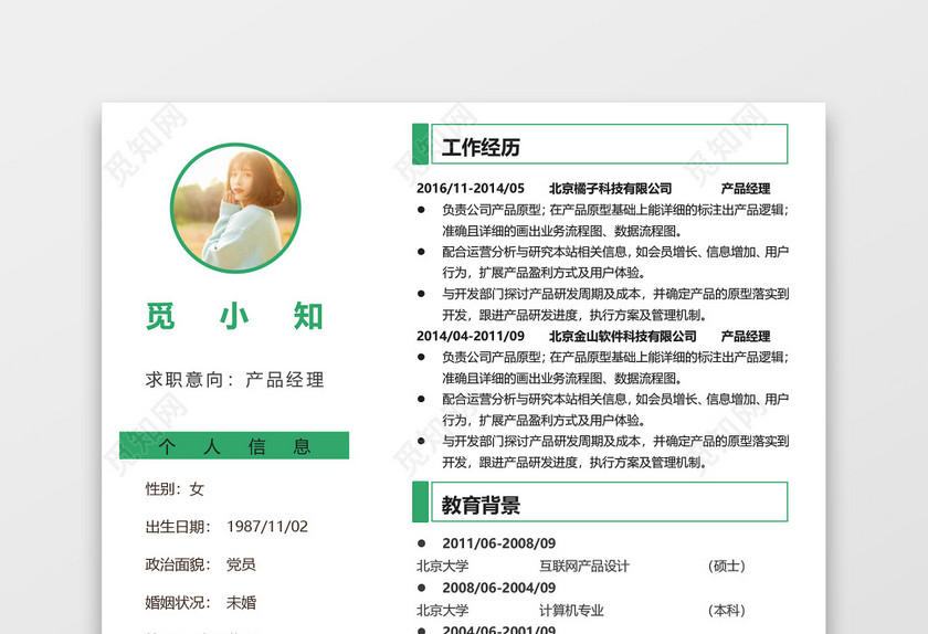 绿色简洁个性产品经理简历范文模板 绿色简洁个性产品经理简历范文模板