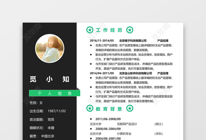 黑绿色创意产品经理个人求职简历 黑绿色创意产品经理个人求职简历