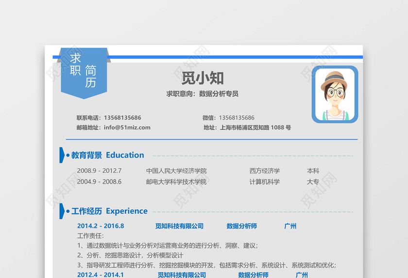 灰色简约大气数据分析员个人简历 灰色简约大气数据分析员个人简历