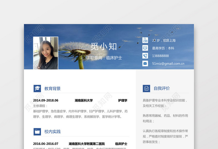 彩色护士个人模板简历 彩色护士个人模板简历