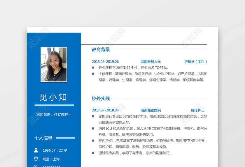 彩色护士个人模板简历 彩色护士个人模板简历