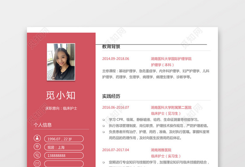 彩色护士个人模板简历 彩色护士个人模板简历