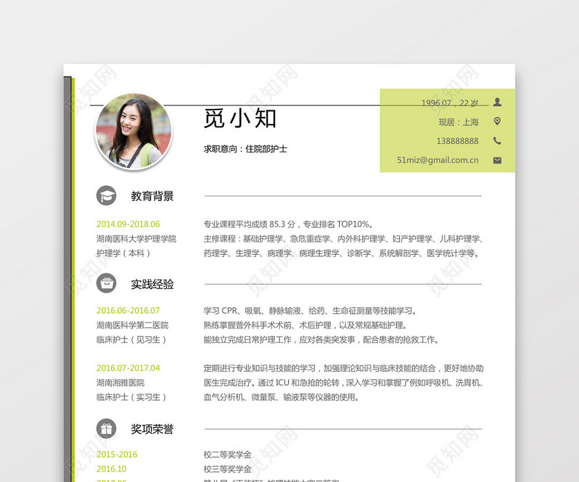 彩色护士个人模板简历 彩色护士个人模板简历