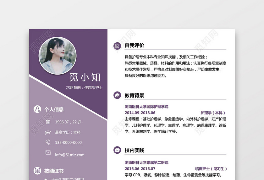 彩色护士个人模板简历 彩色护士个人模板简历