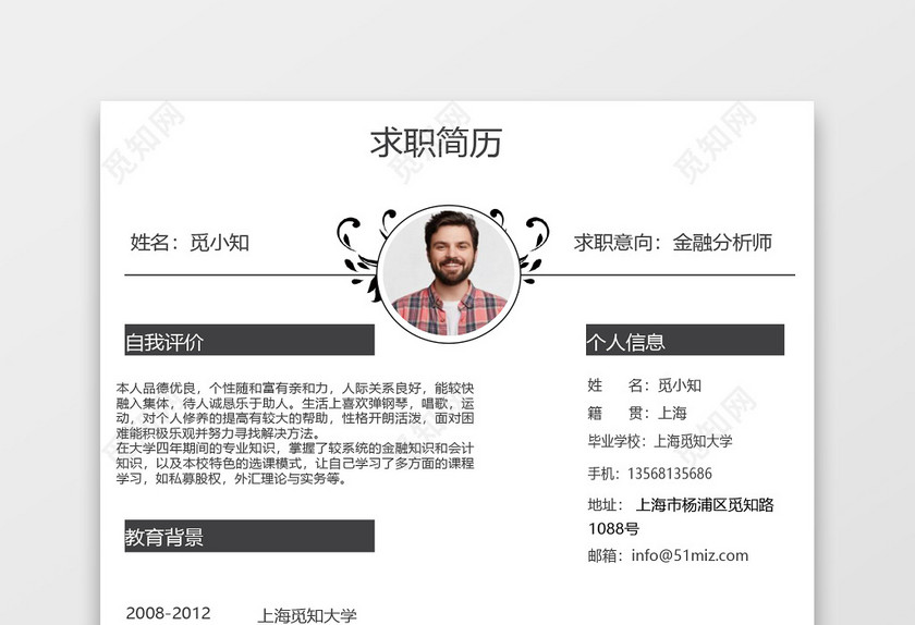 欧式复古花卉金融分析师求职简历模板 欧式复古花卉金融分析师求职简历模板