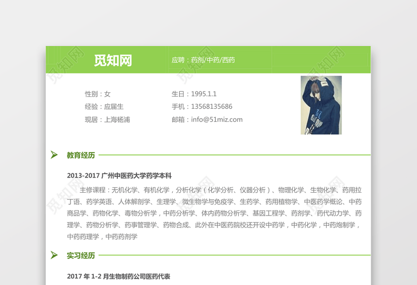 医药类应届生个性求职表格简历 医药类应届生个性求职表格简历