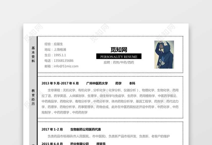 医药类应届生个性求职表格简历 医药类应届生个性求职表格简历