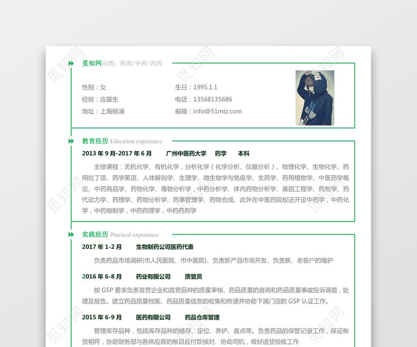 医药类应届生个性求职表格简历 医药类应届生个性求职表格简历