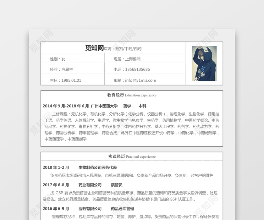 医药类应届生个性求职表格简历 医药类应届生个性求职表格简历