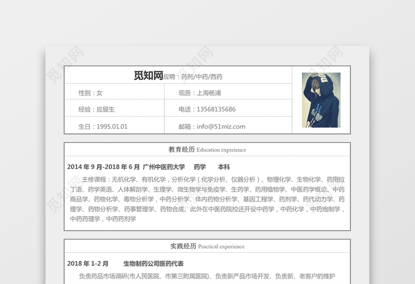 医药类应届生个性求职表格简历 医药类应届生个性求职表格简历