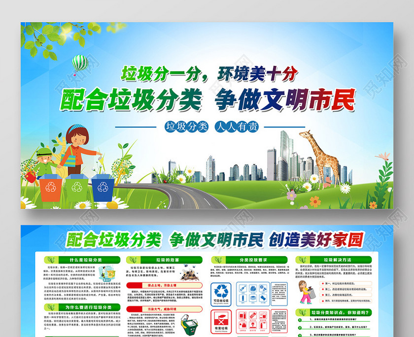 蓝色大气垃圾分类宣传创建文明城市公益宣传栏展板设计 蓝色大气垃圾分类宣传创建文明城市公益宣传栏展板设计