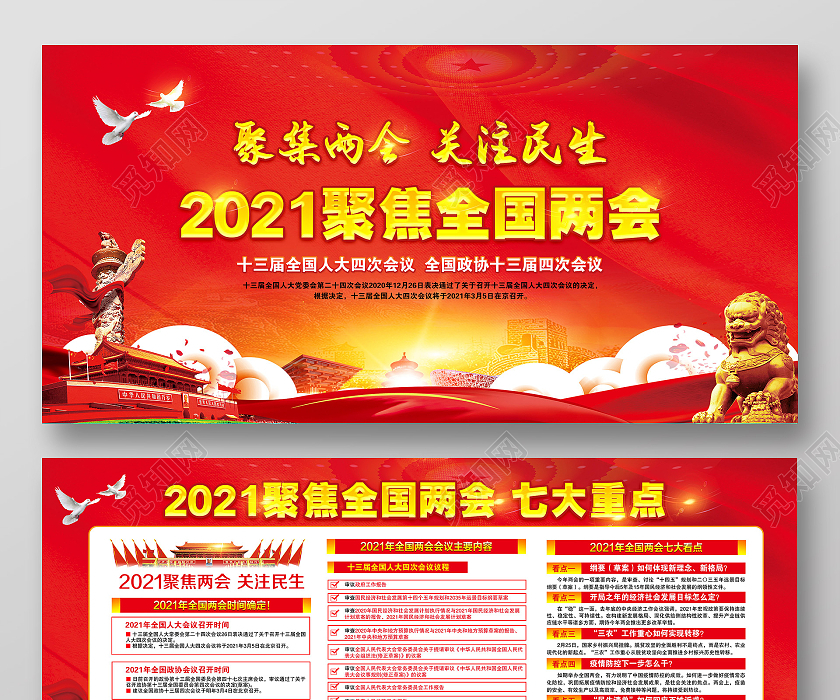 红色风格2021两会宣传展板2021两会精神宣传栏
