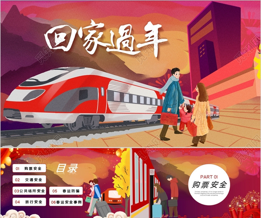 红色喜庆风春运回家过年通用PPT模板 红色喜庆风春运回家过年通用PPT模板
