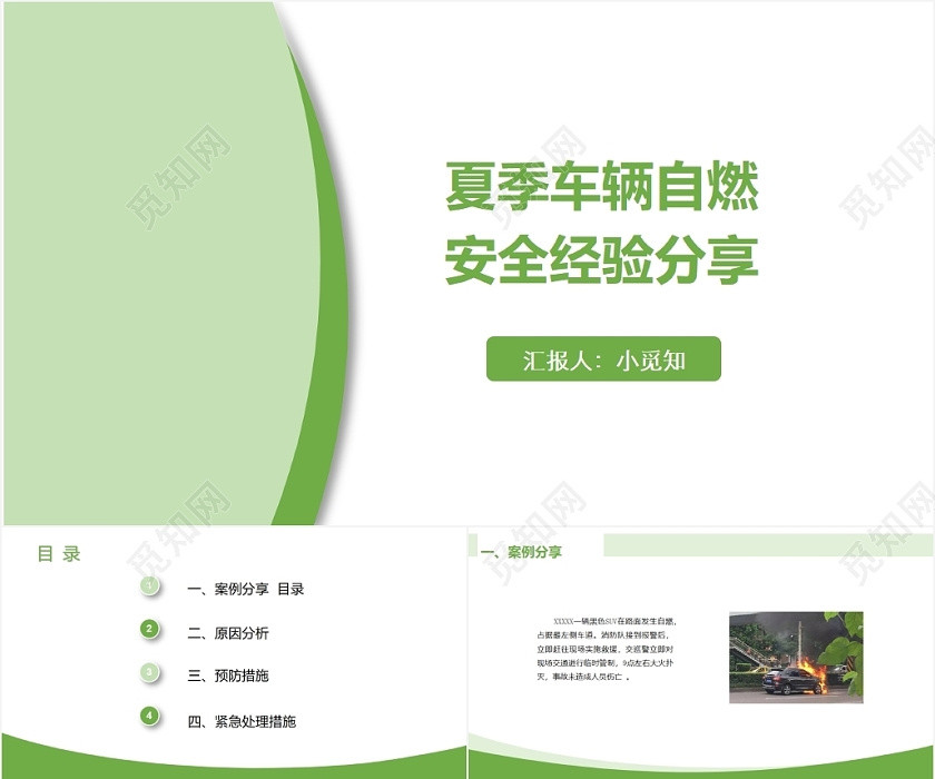 绿色实用简洁风夏季车辆自燃安全经验分享PPT模板 绿色实用简洁风夏季车辆自燃安全经验分享PPT模板