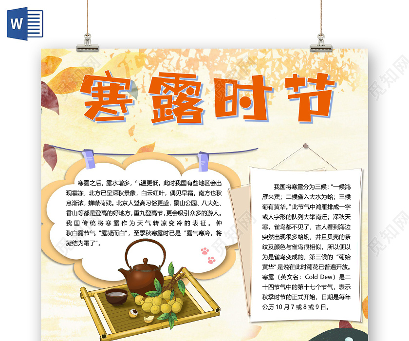 觅知网 小报 小学生手抄报 卡通二十四节气寒露节气食物棉絮秋季气候
