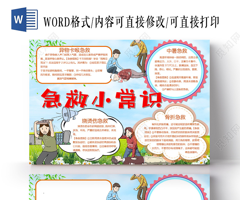 卡通急救小常识中暑急救烧伤烫伤骨折急救异物卡喉小报