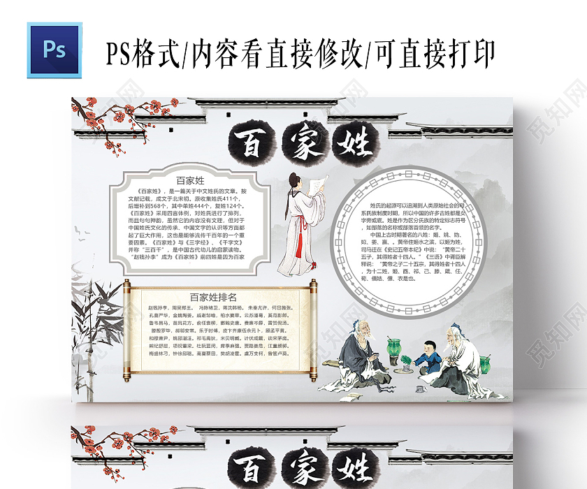 小报 小学生手抄报 古风淡雅百家姓姓氏中国文化的传承赵钱孙李小报