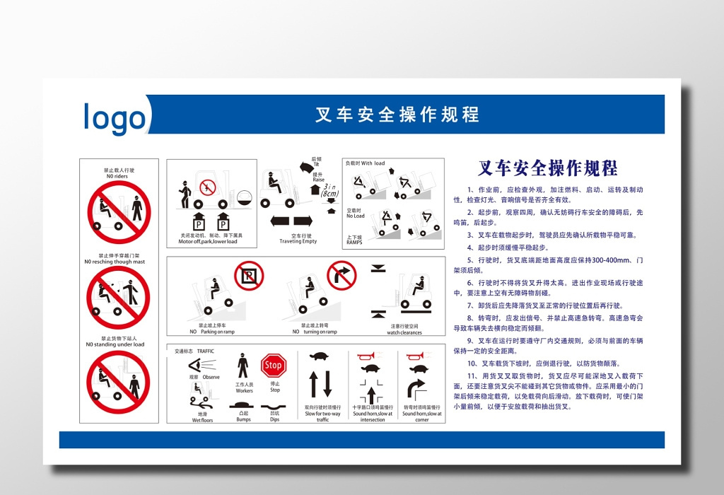 安全生产叉车安全操作规程蓝白说明冷静叉车安全操作车间展板设计