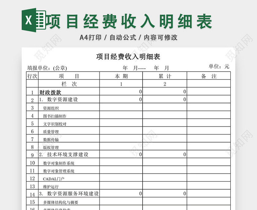 项目经费收入明细表excel模板下载 觅知网